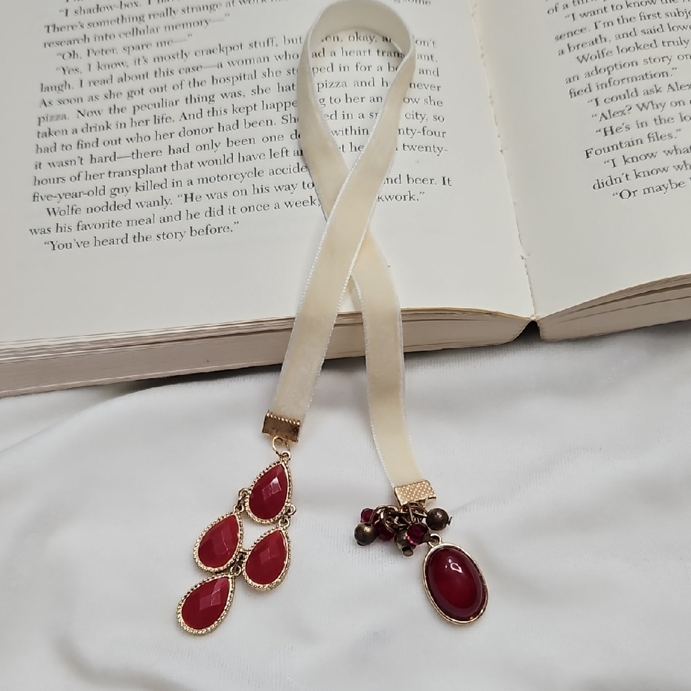 Handmade Cream Color Velvet Ribbon Beaded Bookmark Tassel Charms DIY Book Mark